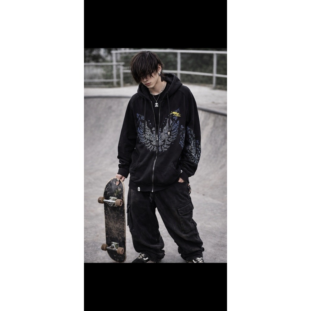 Vintage Y2K Miskeen Distressed Hoodie Mens 2X Graphic Full Zip‎ Sweatshirt Bling